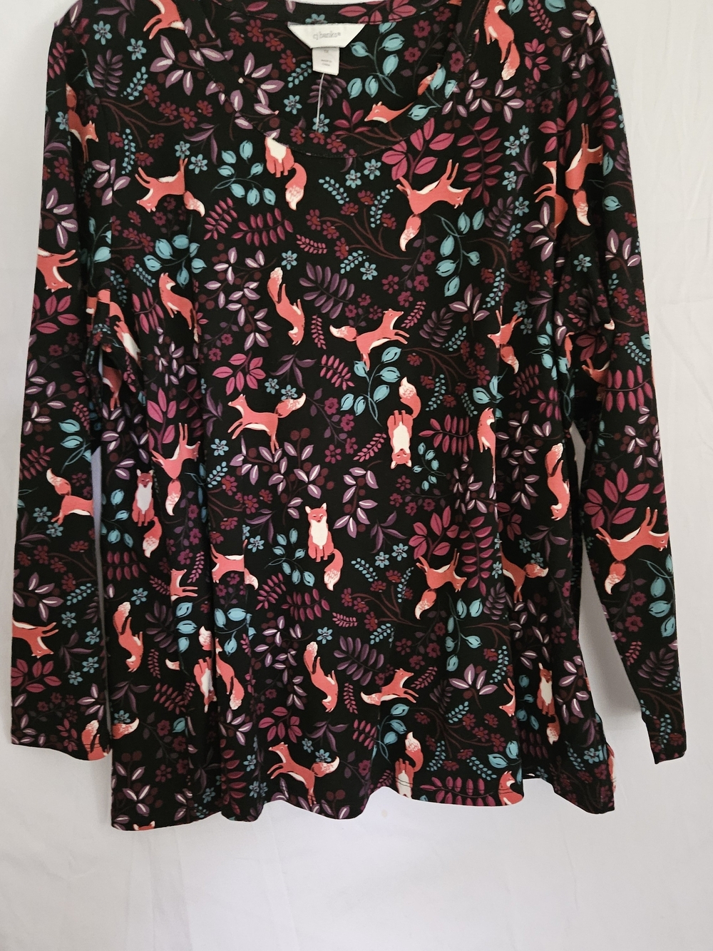 #7 CJ Banks Black Long-Sleeve Top with Coral Fox & Teal Floral Print